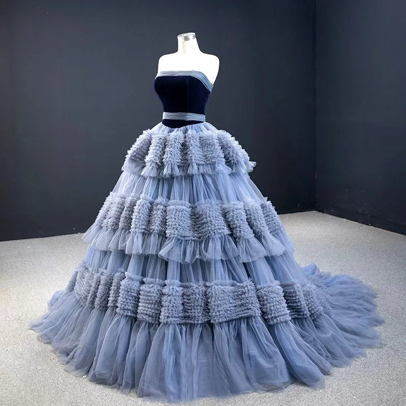 Luxury Gorgeous Ocean Blue Cascading Tulle Net Ruffle Cake Dress Fancy Mesh Net Lace Fabric