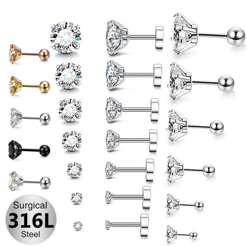 Gaby 316L Surgical Steel Mens Womens Stud Earrings 3-6mm Zircon Flat Back Ball Cartilage Ear Piercings Helix Tragus Earring
