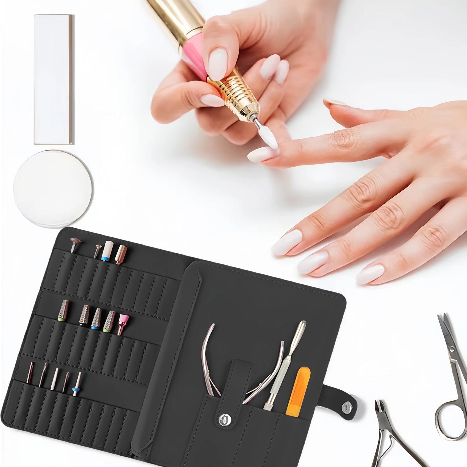 Professional Nail Repair Organizer Bag Leather Storage for Manicure Set & Loose-leaf Book Polish Repair & Sanding Head Storage