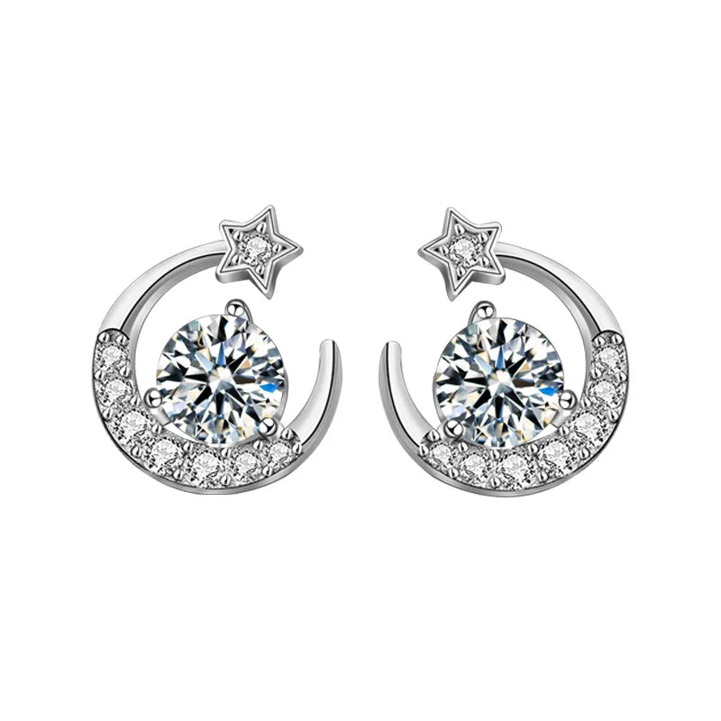 Trendy 0.5ct Moissanite Star Moon Earrings for Women 925 Sterling Silver Plated White Gold Moissanite Stud Earrings Gift