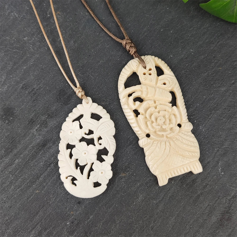 Hand Craft Natural Yak Bone Carving Flower Basket With Butterfly Pendant Unique Tibetan Ornament Gifts Rope Necklace for Unisex