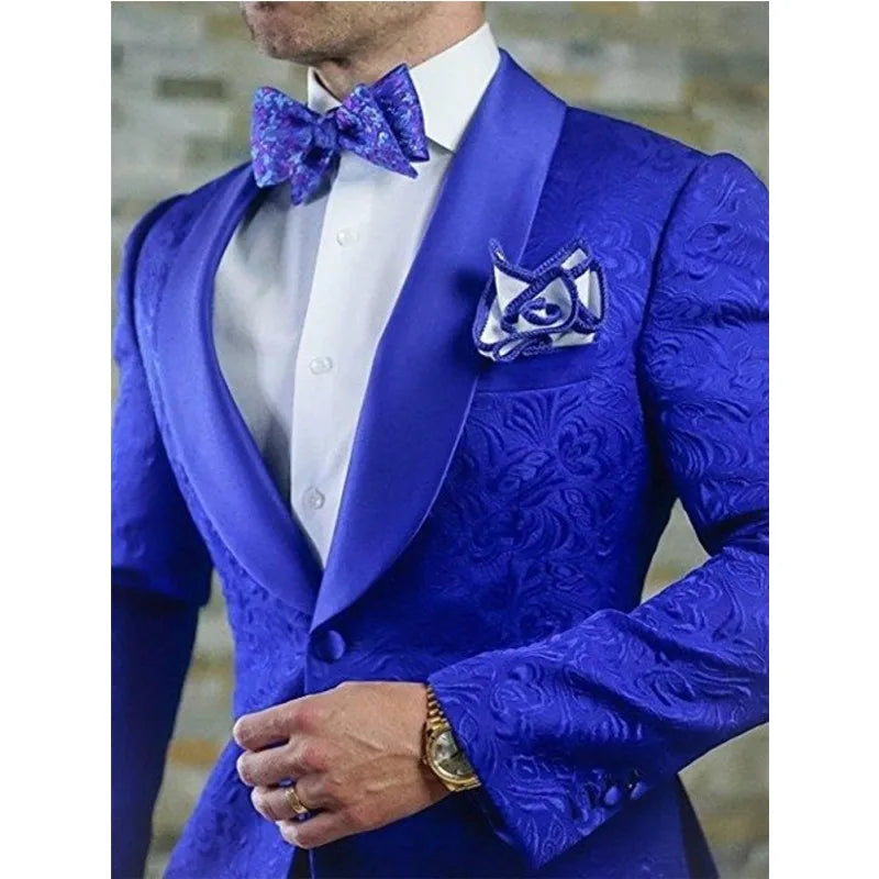Latest 2025 New Arrival Royal Blue Floral Men Suits With Wedding Groom Tuxedos Shawl Lapel for Groomsmen Winter Blazers for Men