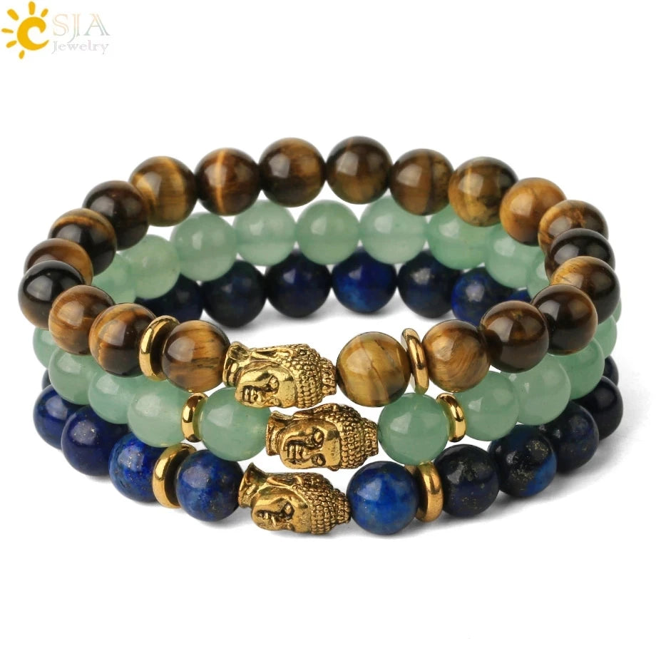 CSJA Crystal Stretc Bracelets Gold Color Buddha Head Natural Tiger Eye Gemstone Beads Men Bracelet Fengshui Jewelry G403