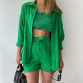 Spring and Summer Crepe Lapels Long Sleeves Navel Reveal Plus Size Casual Popular Women's Set