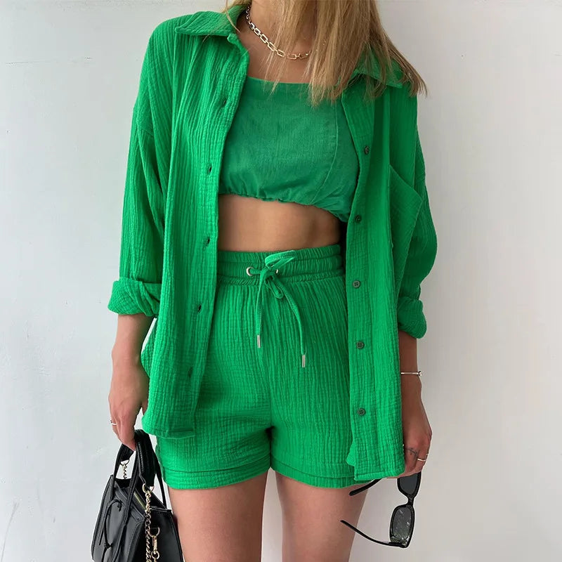 Spring and Summer Crepe Lapels Long Sleeves Navel Reveal Plus Size Casual Popular Women's Set