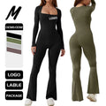 2025 Women Skinny Bodysuit Outfit One Piece Gym Fitness Seamless Sport Long Sleeve Square Neck Wide Leg Nylon Jumpsuit