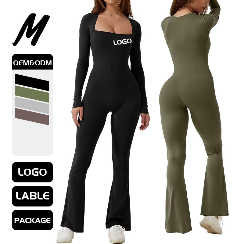 2025 Women Skinny Bodysuit Outfit One Piece Gym Fitness Seamless Sport Long Sleeve Square Neck Wide Leg Nylon Jumpsuit