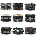 BINSHUO Retro Jewelry Adjustable Vintage Cord Beaded Hollow Triangle Men's Multilayer Wide Wrap Braided Leather Bracelet Set