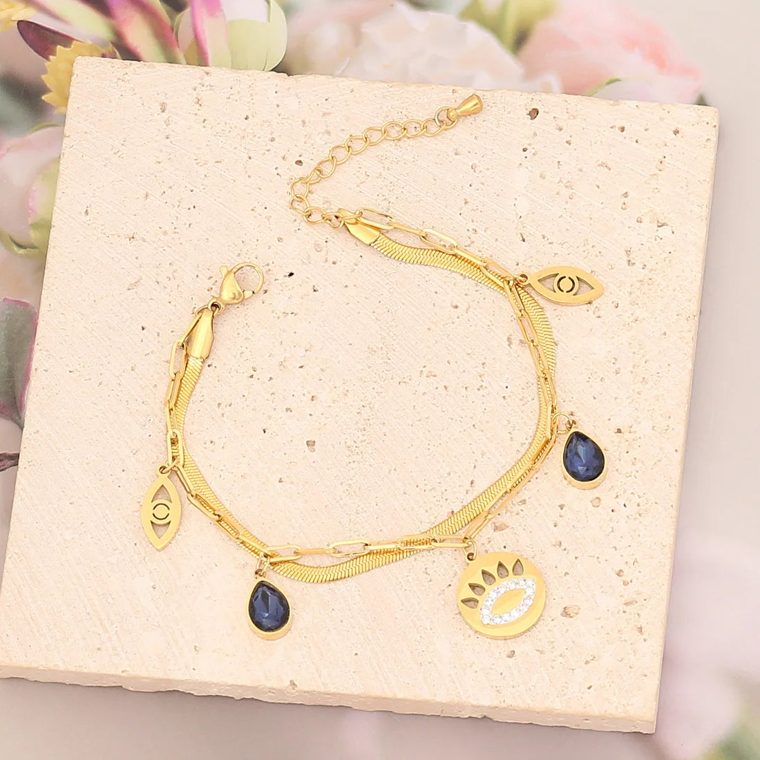 Double Layers Stainless Steel Bracelets Gold Plated Women Men Cuban Snake Chain Couple Evil Eye Clover Bracelet Jewelry Gift