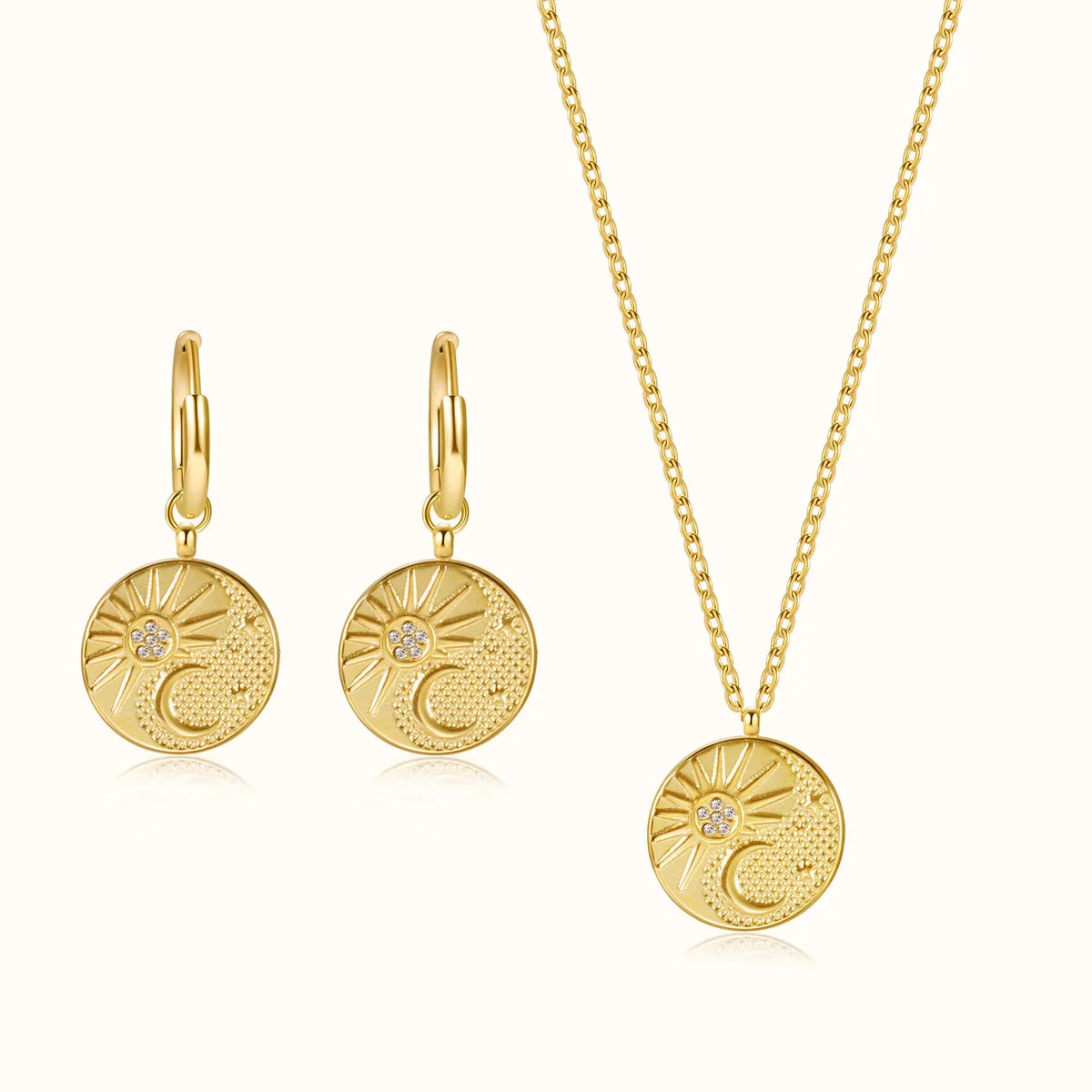 New Design Sun Moon Stereoscopic Relief Pendant CZ Necklace Earring Jewelry Set for Women YC09H08