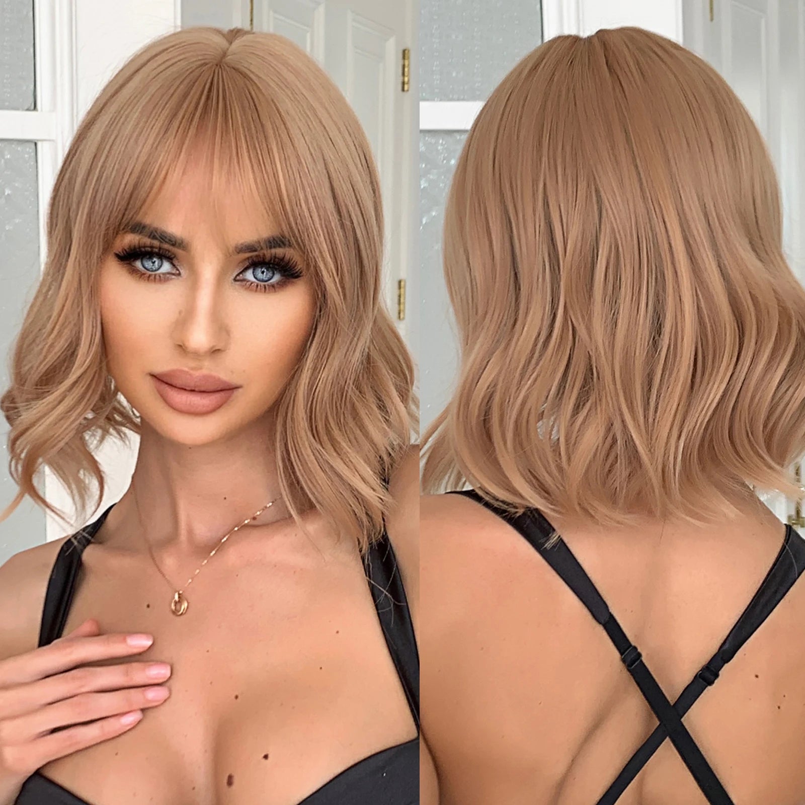 Factory Fast Delivery Short Bob Light Gold Wavy Synthetic Wig Rose Red Color Lolita Cosplay Wig With Bangs for Women Natural