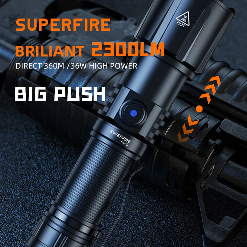 Customized R1-G 2300Lumens Brightness Aluminum Alloy Tactical Flashlight 5 Modes IP44 Waterproof for Hiking Emergency