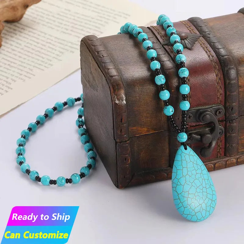 Natural Turquoise Brushed Glass Bead Necklace Retro Turquoise Water Drop Pendant Ethnic Jewelry Female Necklace