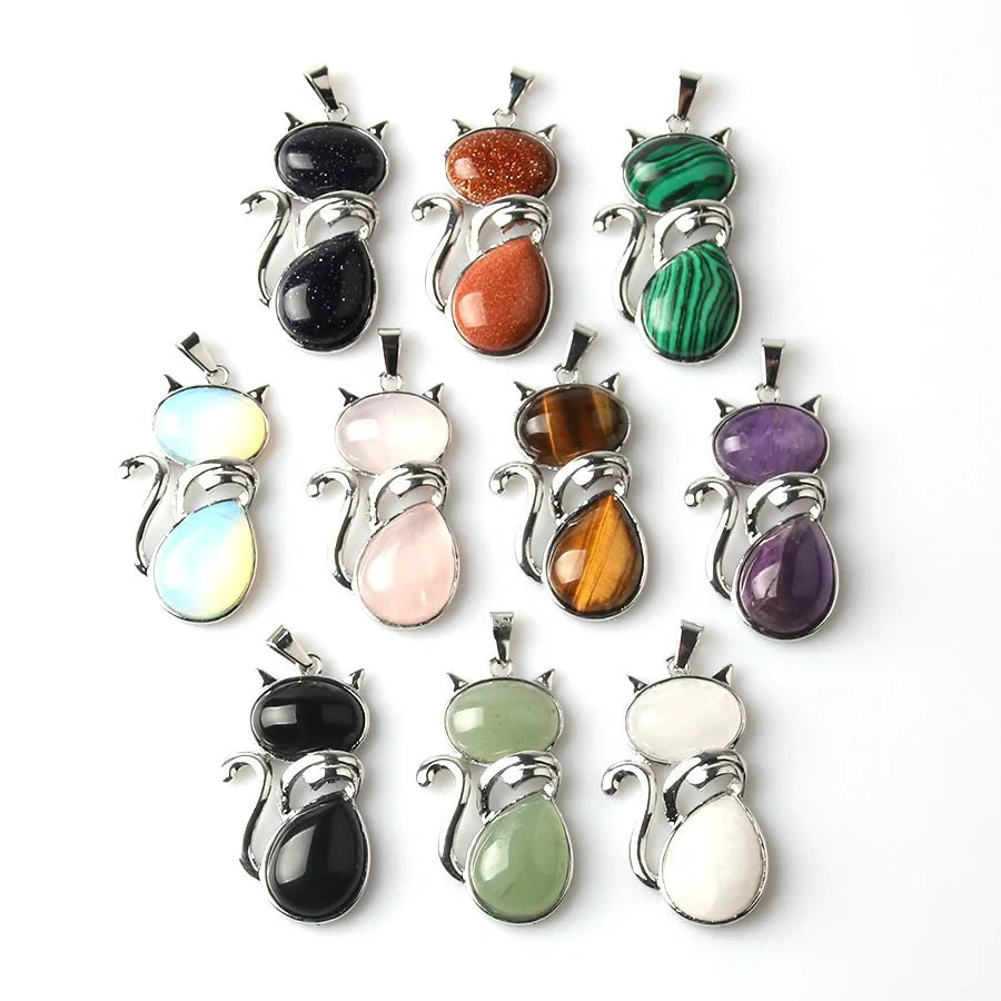 Cute Natural Crystal Gem Stone Amethyst Opalite Rose Quartz Green Aventurine Jade Cat Pendant for Necklace DIY