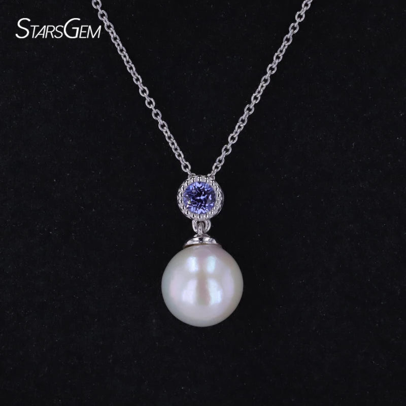 Starsgem Platinum Pendant Cornflower Blue Sapphire Pendant Gemstone Pearl Platinum Pendant Necklace