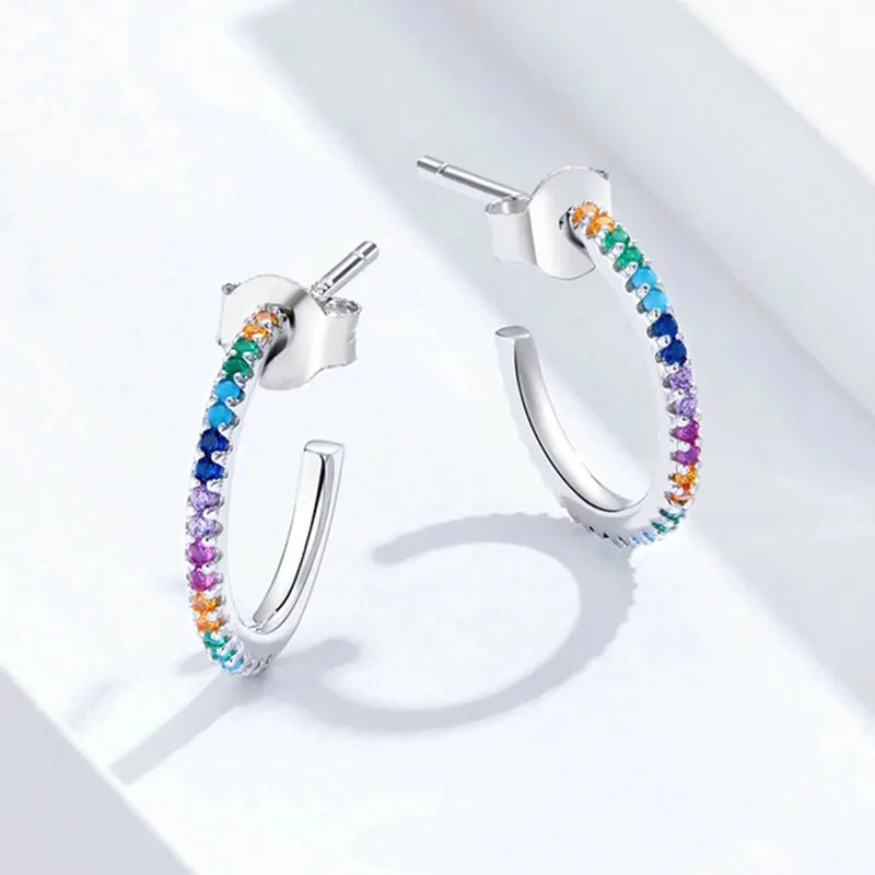 Huitan Newest Wholesale Shiny Hook Multi Color Rectangular CZ Zircon Fashion Jewelry Sliver Bohemian Earrings Hoop for Women