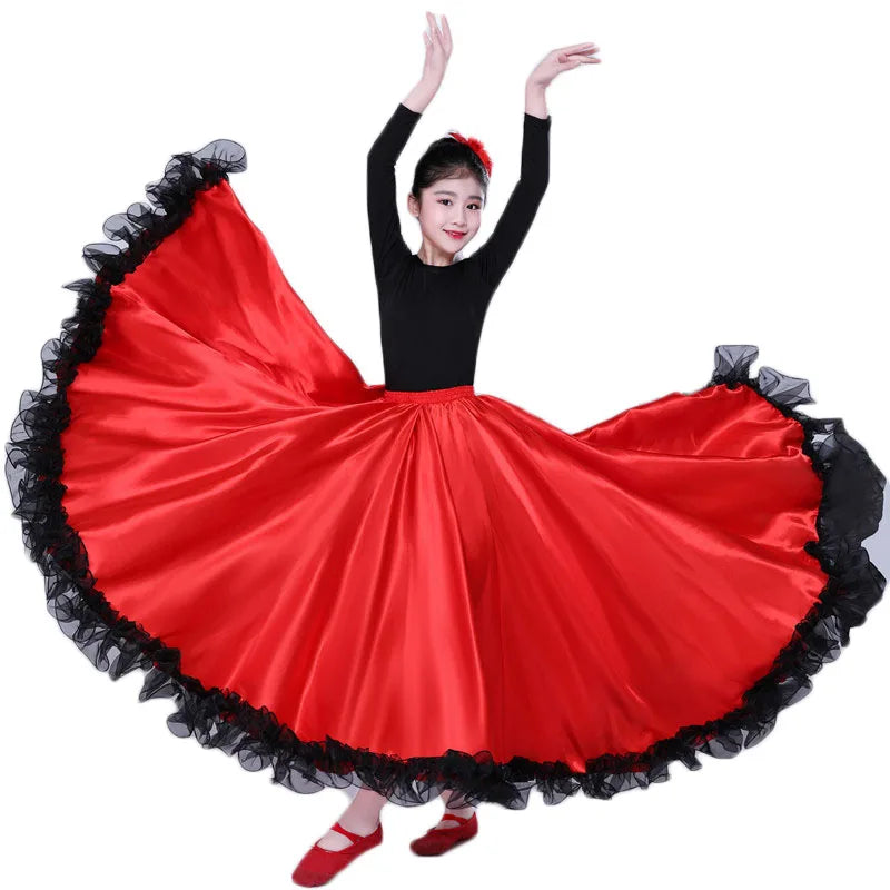Classic Girl's Large Swing Half Skirt for Ballroom Flamenco Belly Dance Performance Practice Wholesale for Children