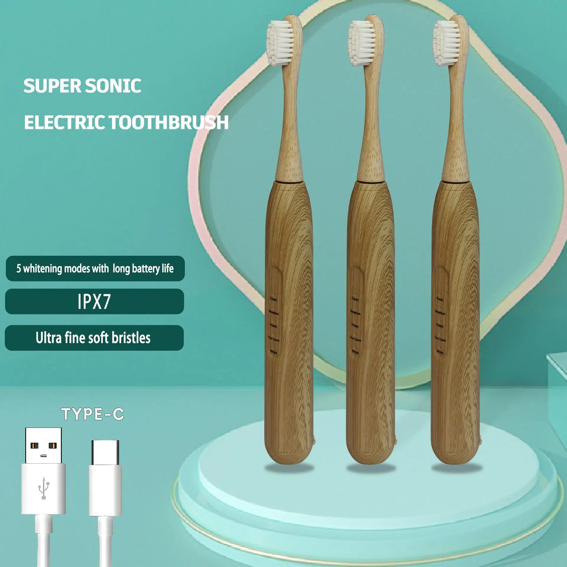 Factory Wholesale IPX7 Waterproof Bamboo Electric Toothbrush with 5 Modes and 2 Soft Bristle Replacement Heads