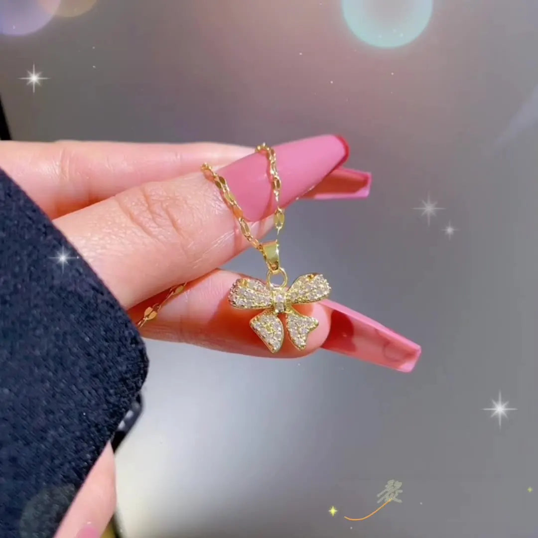 Collar De Lazo 18K Gold Plated Butterfly Knot Pendant Necklace Temperamental Stainless Steel Bowknot Necklace