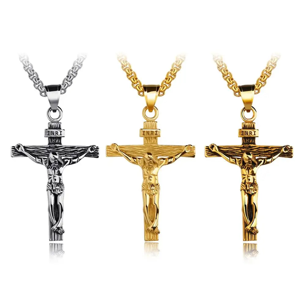 Trendy Stainless Steel Golden Cross Crucifix Jesus Pendant Custom Jewelry for Men Women Fashionable Hip Hop Christian Engagement