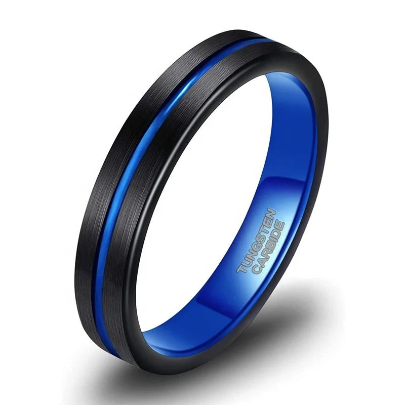 OAHLAN Fashion Jewelry Personalized 4mm 6mm 8mm Wedding Band Thin Blue Centre Groove Line Tungsten Carbide Rings for Women Men