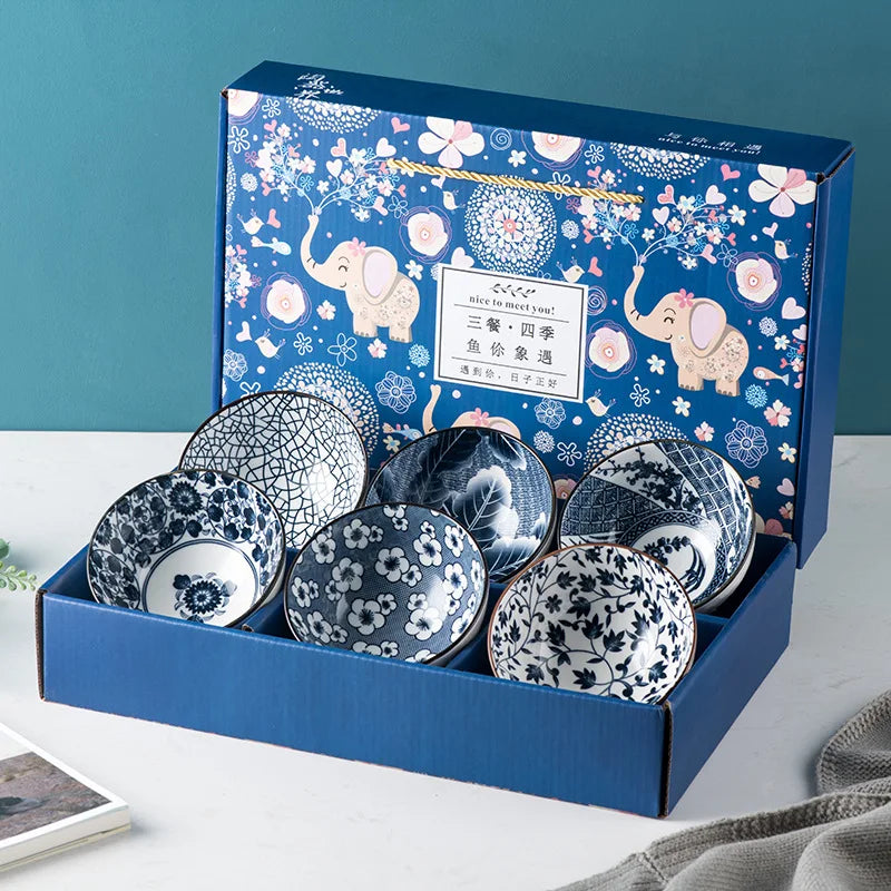 Japanese Style Ceramic Bohemia Underglazed Rice Bowl Porcelain Cartoon Bowl Set Tea Set Chinese Bowl Set