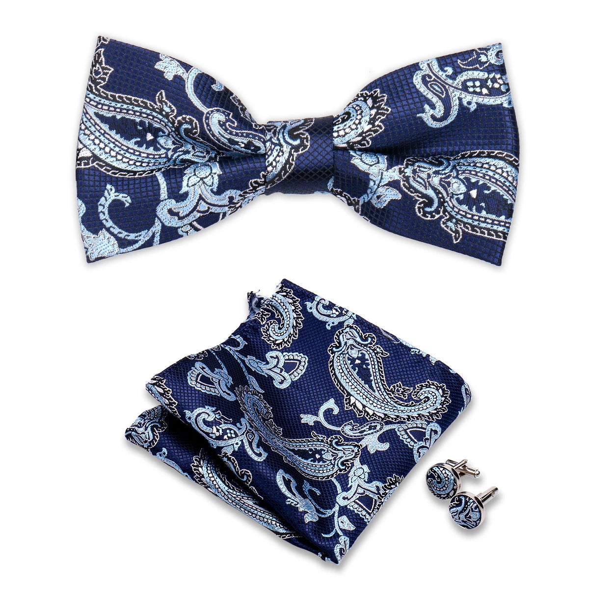 Handkerchief Paisley Ties Men Silk Bowtie Mens Hanky Cufflinks Bow Tie and Pocket Square Set