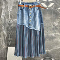 Boutique Wholesale 2026 Autumn New Light Blue Denim Cotton Plush Edge Spliced Hundred Pleats Button High Waist Women's Skirt