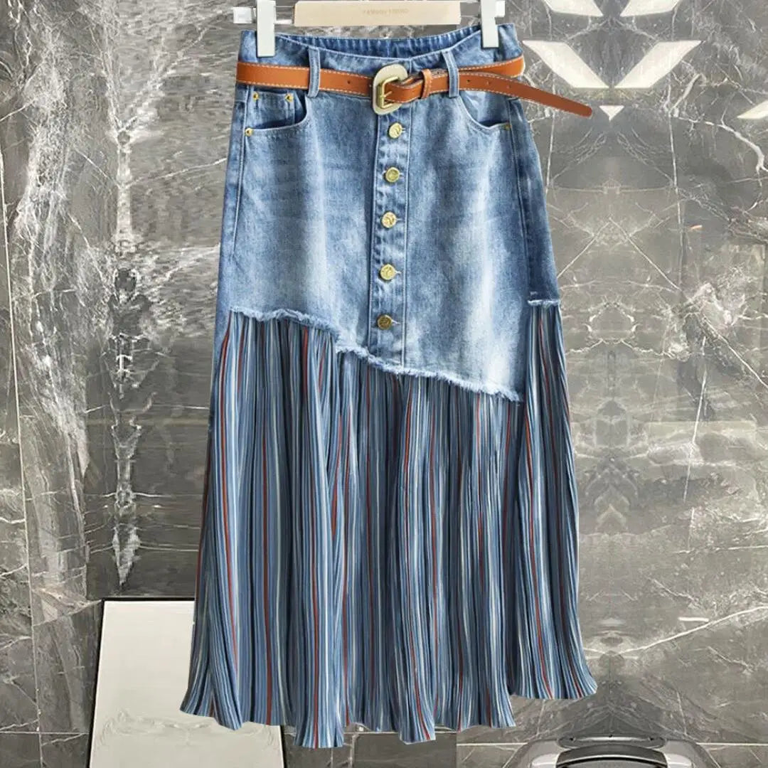 Boutique Wholesale 2026 Autumn New Light Blue Denim Cotton Plush Edge Spliced Hundred Pleats Button High Waist Women's Skirt