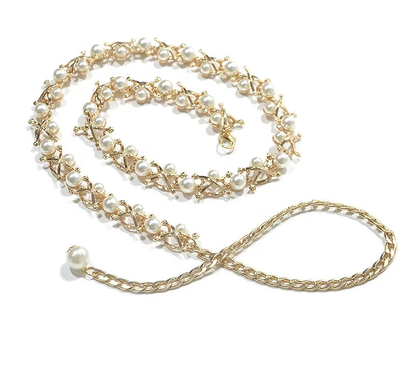Best Selling Fashionable Casual Skirts and Belly Dance Use Beads Chain Belt Pearl Decorated Metal Waist Chain for Women