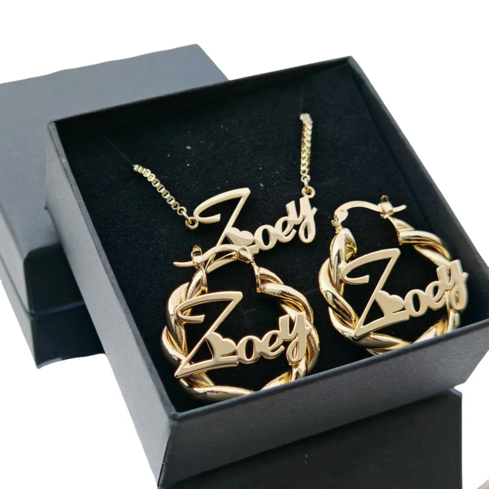 Qiuhan Personalized 2Pcs Stainless Steel Jewelry Set  Custom Name Necklace with 27mm Twist Hoop Earrings Cute Gift for Her