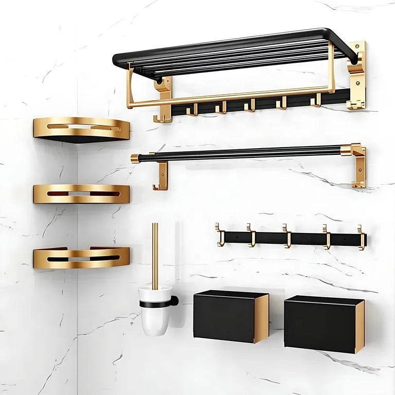 Black Gold Aluminum  | Anti-Rust Towel Rack Tissue Box Hooks Corner Shelf | Wall Mounted Luxury Bath Accessories