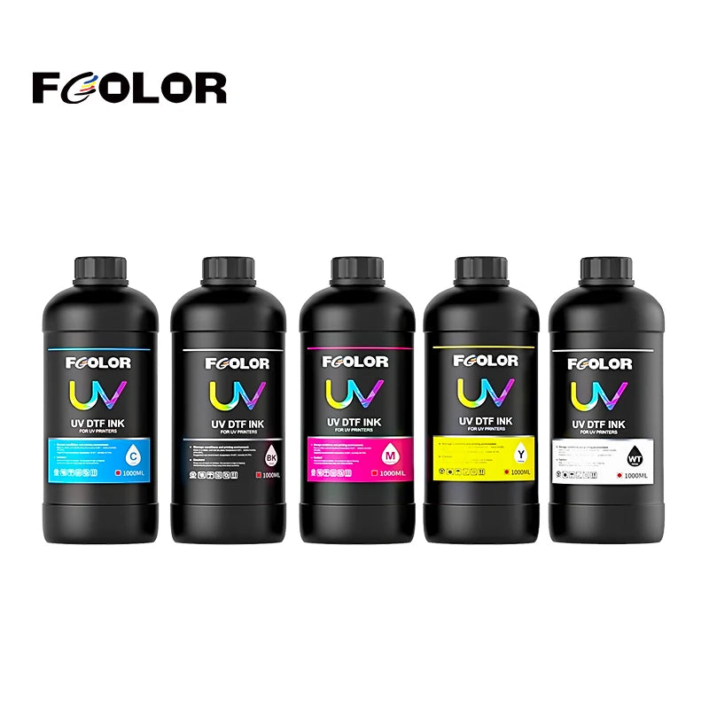 FCOLOR 1000ml CMYKW UV Ink I3200 A3 DTF Flatbed Printer UV Film Ink for I1600 XP600 L1800 UV DTF Printer with Varnish