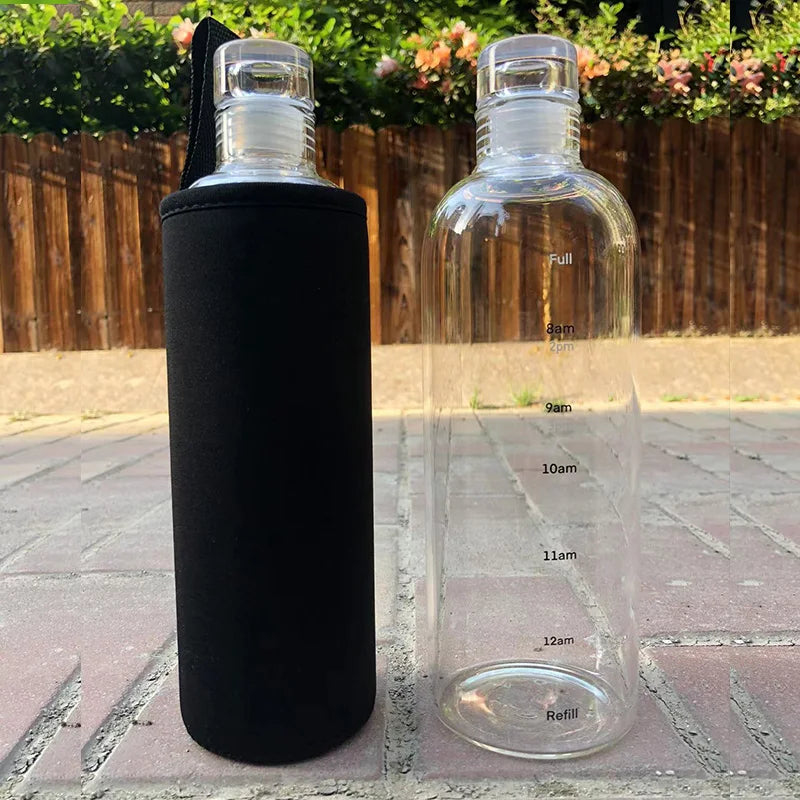 650ml 500ml  glass water bottle with time marker with sleeve
