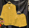 OEM Wholesale Spring Autumn Women Casual Outfits Cotton Linen Solid Color Long Sleeve Shirt Short Shorts Two Piece Set