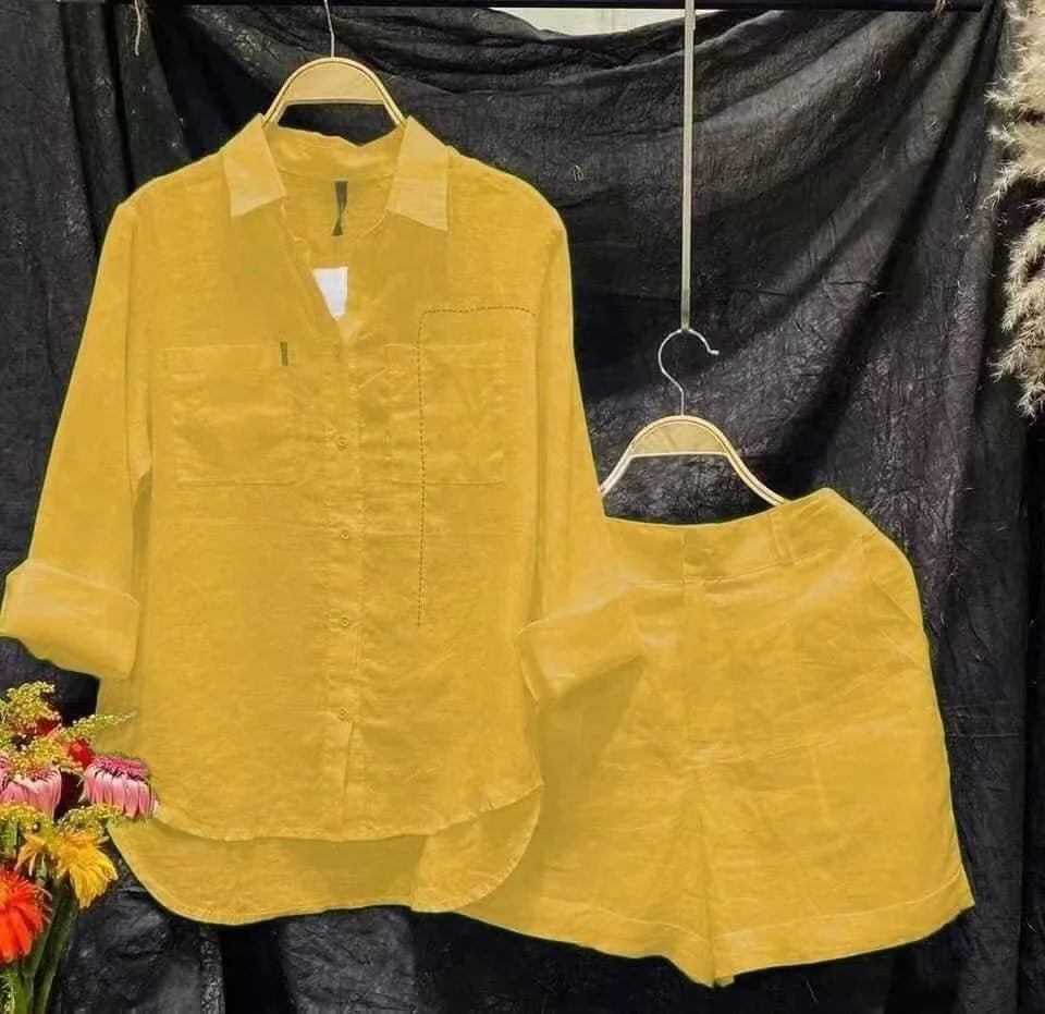 OEM Wholesale Spring Autumn Women Casual Outfits Cotton Linen Solid Color Long Sleeve Shirt Short Shorts Two Piece Set