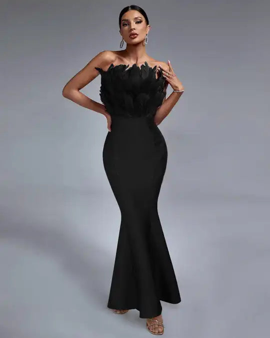 Ocstrade Hot Selling Ladies Evening Dress Strapless Open Back With Feather Black Mermaid Elegant Bodycon Bandage Dress for Party
