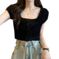 Vintage Style Spring Summer Short T-Shirt Burst Plush Knitted with Sweet Spicy Square Collar Slimming Knit Short Sleeve Tops