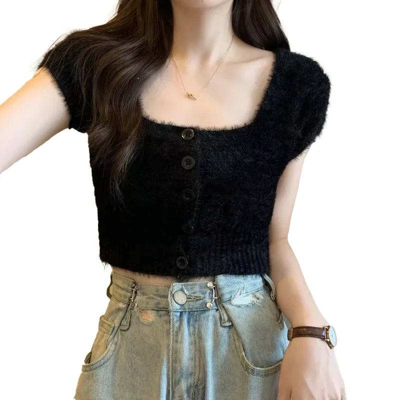 Vintage Style Spring Summer Short T-Shirt Burst Plush Knitted with Sweet Spicy Square Collar Slimming Knit Short Sleeve Tops