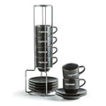 Hot Selling 2026 Ceramic Latte Mocha Coffee Cups Stacking Mug Espresso Cup and Saucer with Metal Rack One Set