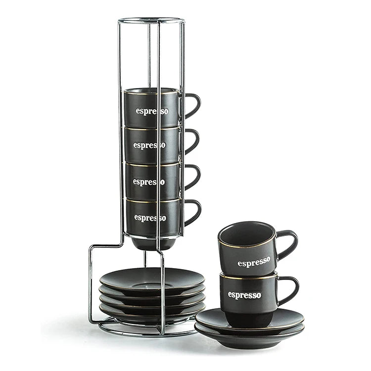 Hot Selling 2026 Ceramic Latte Mocha Coffee Cups Stacking Mug Espresso Cup and Saucer with Metal Rack One Set