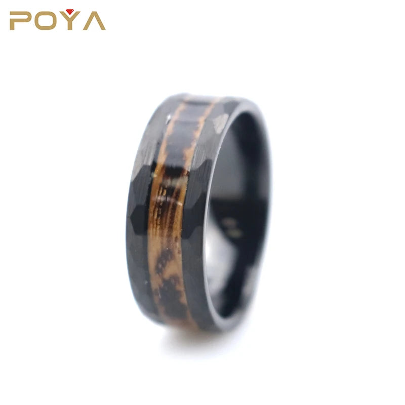 8mm Hammered Brushed Edge Black Tungsten Carbide Ring With Charred Whiskey Barrel Wood Inlay