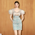 ZYHT 20339 Latest Design Embroidery Lace Sequin Deep V Neck Dress Mesh Patchwork Short Sleeve Short Mini Dress
