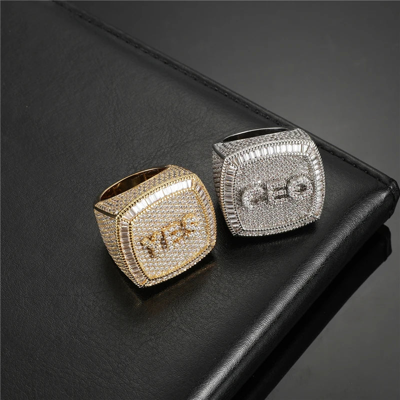Hip-Hop Bling YES CEO Diamond Micro Paved Iced Out Bling AAA+ CZ Stone Copper Cubic Zircon Ring for Men
