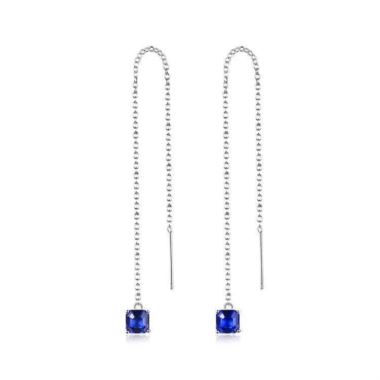 Fine Jewelry 925 Sterling Silver Long Tassel Square Shape Women Fashion Gemstone Drop Earrings