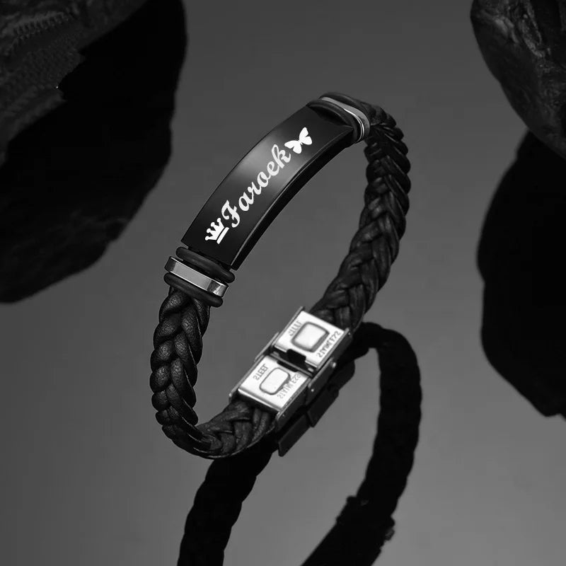 Classic Mens Leather Bracelet Wholesale Stainless Steel Engraved Blank Charm Double Wrap Braided Leather Bracelet for Men
