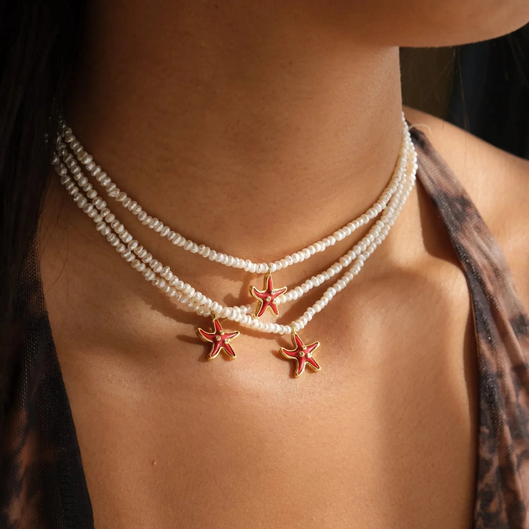 Hot Cross-Border Luxury Stainless Steel Necklace Starfish Pattern Simple High-End Beaded Choker Chain Cactus Starfish Pearl
