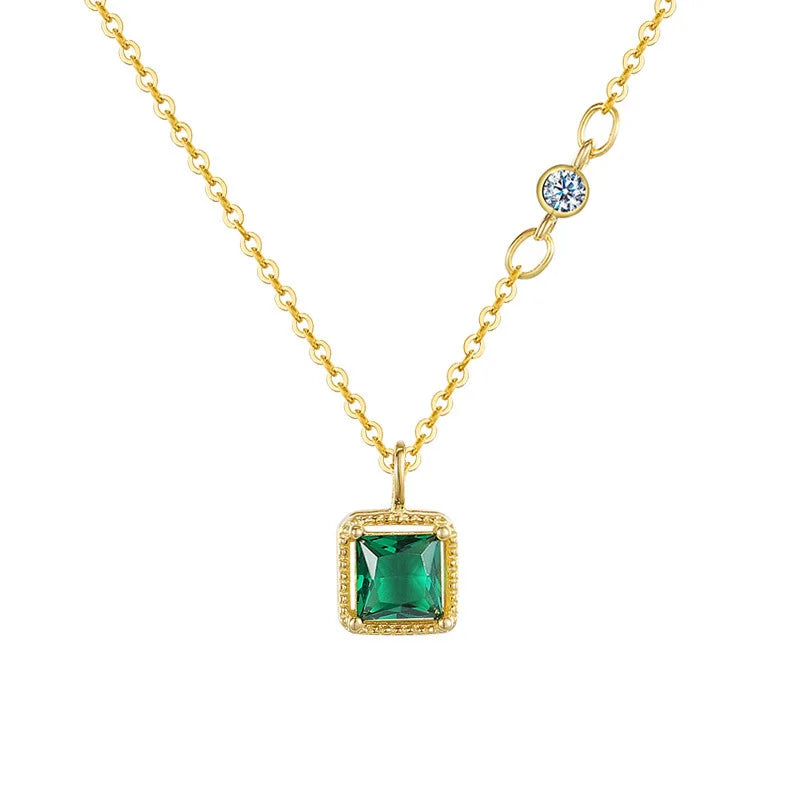 925 Sterling Silver Tiny Dainty Geometric square Emerald Green Cubic Zirconia Necklace