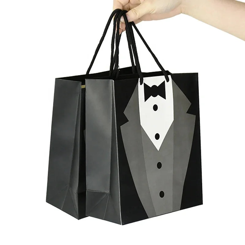 Groomsmen Tuxedo Paper Handle Bag Tie Shirt Pattern Goodies Gift Treat Tote Bags for Wedding Father's Day Party Decor