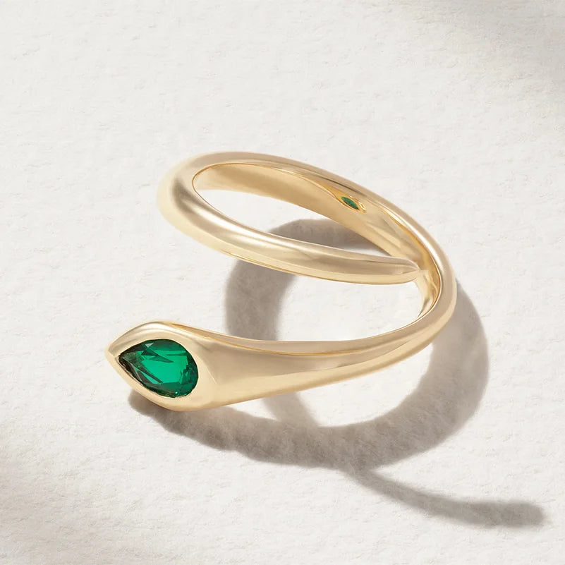 LOZRUNVE Hip Hop Handmade Jewelry Smooth Band Emerald Pear CZ Eye Snake Adjustable Ring Women
